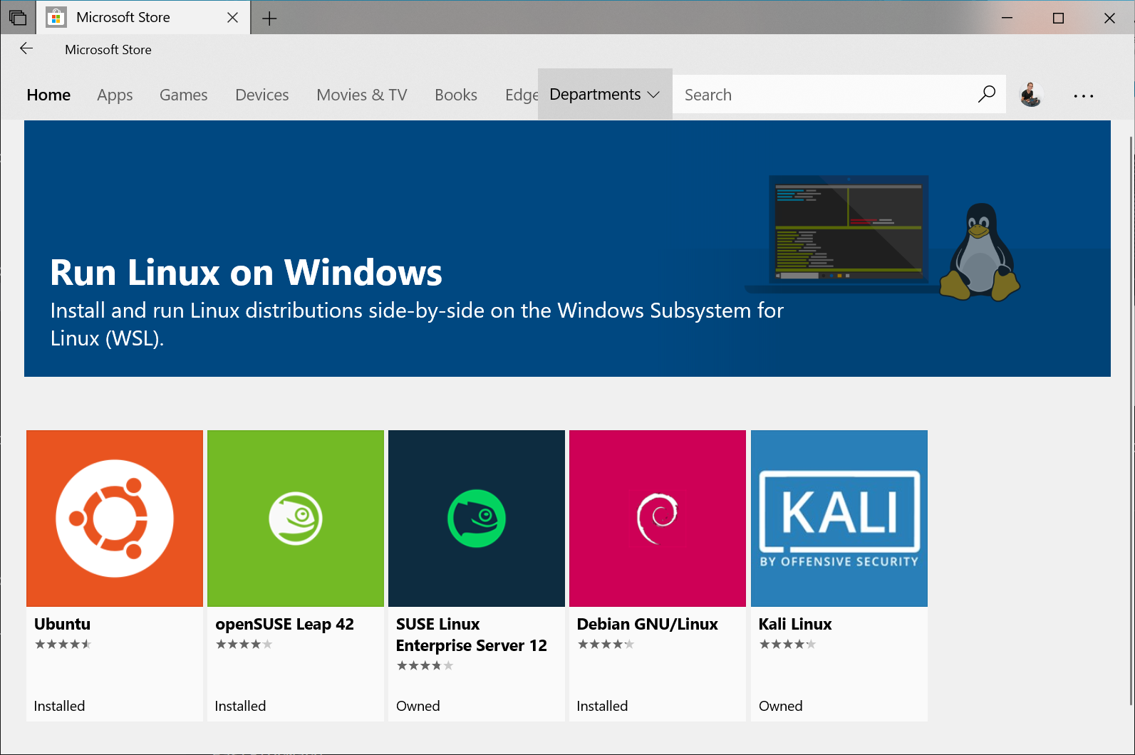 Some Linux distributions available on Windows store (Ubuntu, SuSE, Kali, etc.)