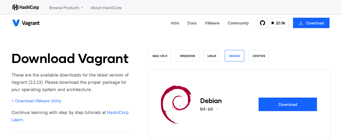 The Vagrant download page with Debian download selected